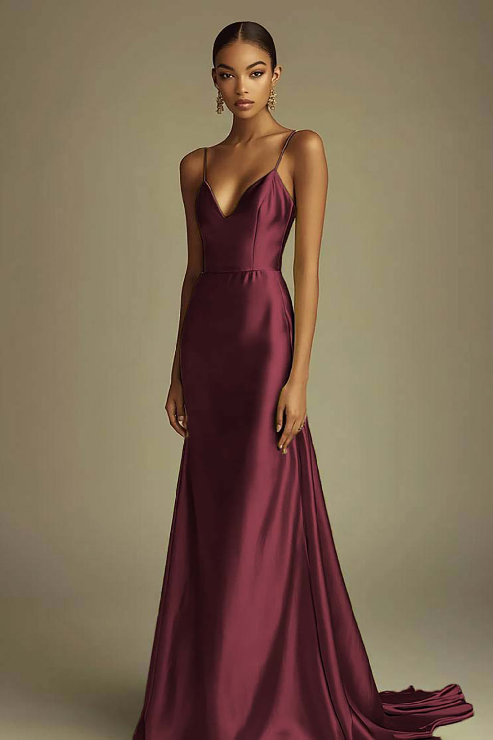 Lemon Green Satin V-Neck Sheath Spaghetti Straps Long Prom Dress