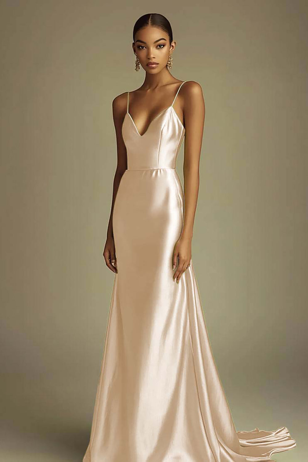 Lemon Green Satin V-Neck Sheath Spaghetti Straps Long Prom Dress