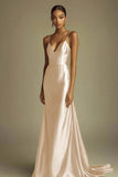 Lemon Green Satin V-Neck Sheath Spaghetti Straps Long Prom Dress