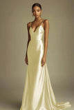 Lemon Green Satin V-Neck Sheath Spaghetti Straps Long Prom Dress