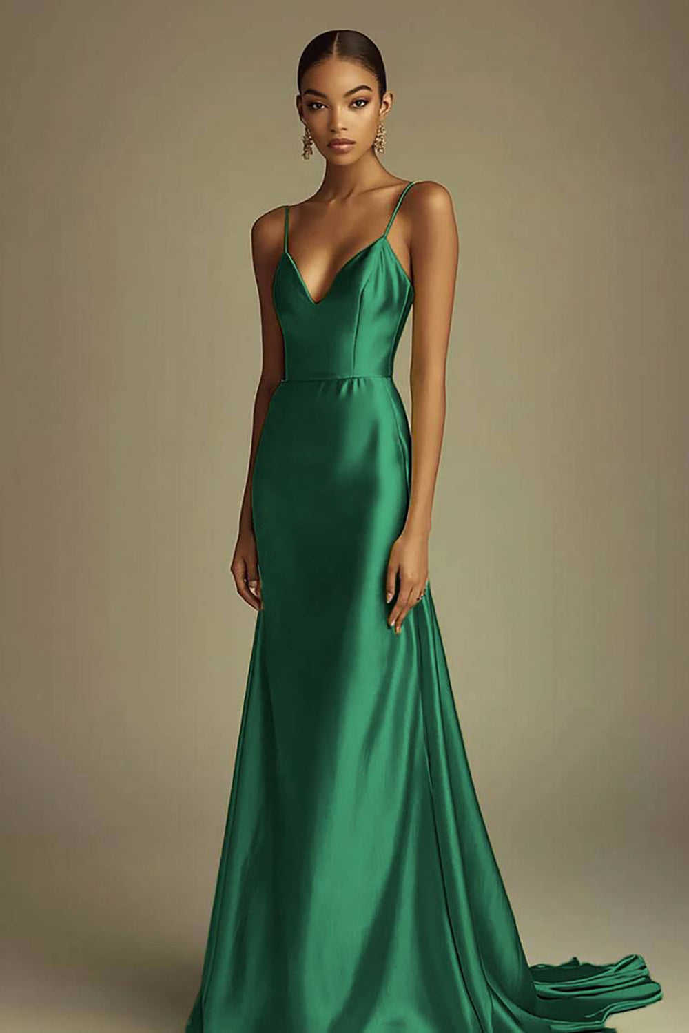 Lemon Green Satin V-Neck Sheath Spaghetti Straps Long Prom Dress
