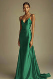Lemon Green Satin V-Neck Sheath Spaghetti Straps Long Prom Dress
