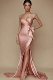 Satin Pink Strapless Mermaid Long Ruched Prom Dress with Slit