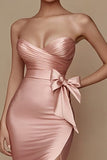 Satin Pink Strapless Mermaid Long Ruched Prom Dress with Slit