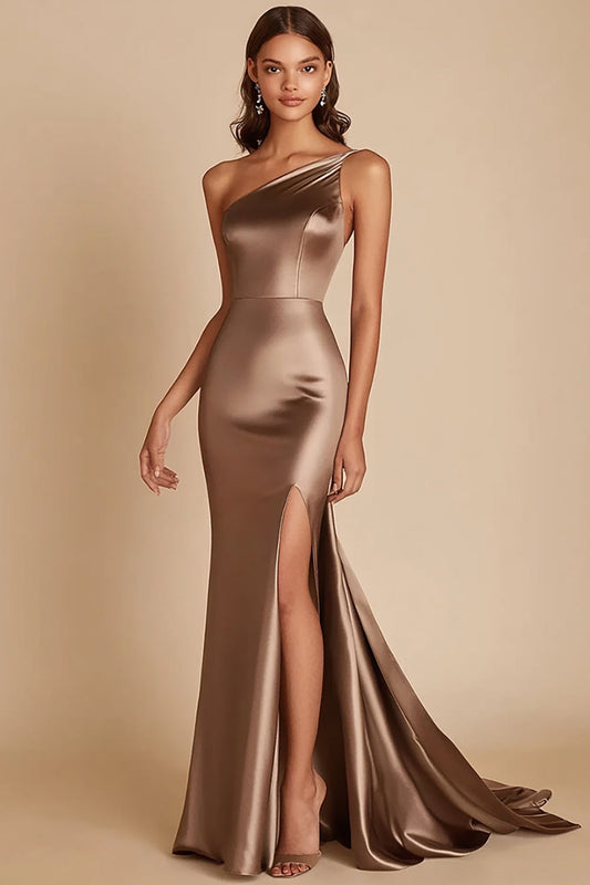 Mermaid Coffee Satin One Shoulder Long Prom Dress with Slit
