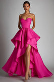 Fuchsia Satin Sweetheart Ball Gown High Low Prom Dress with Ruffles