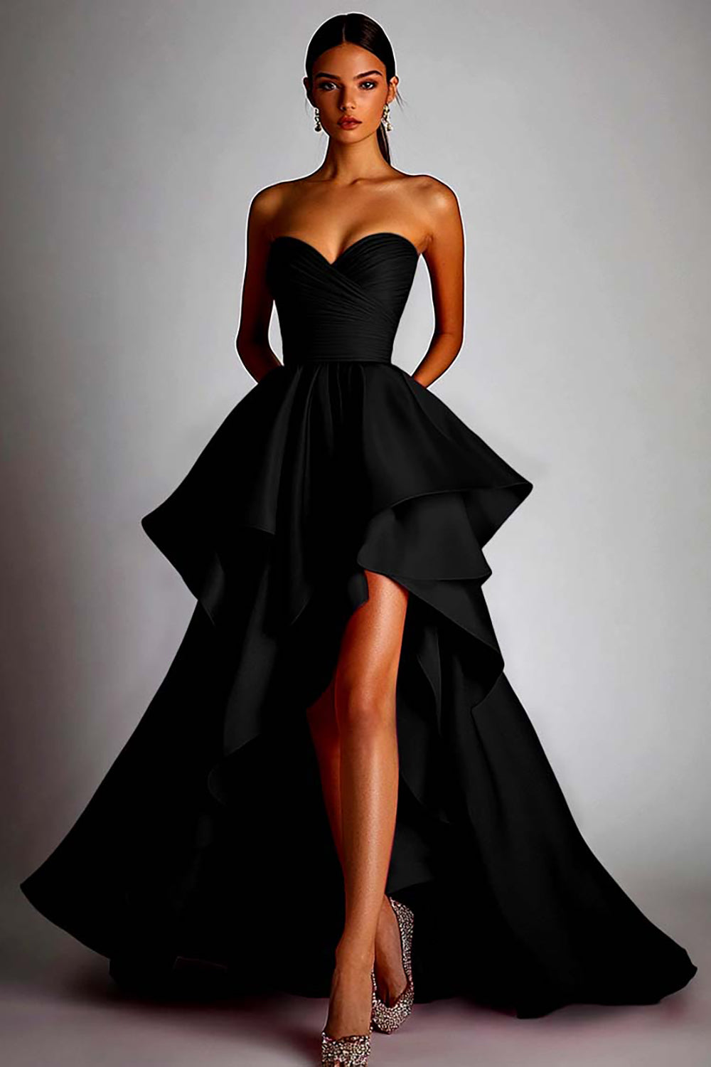 Fuchsia Satin Sweetheart Ball Gown High Low Prom Dress with Ruffles