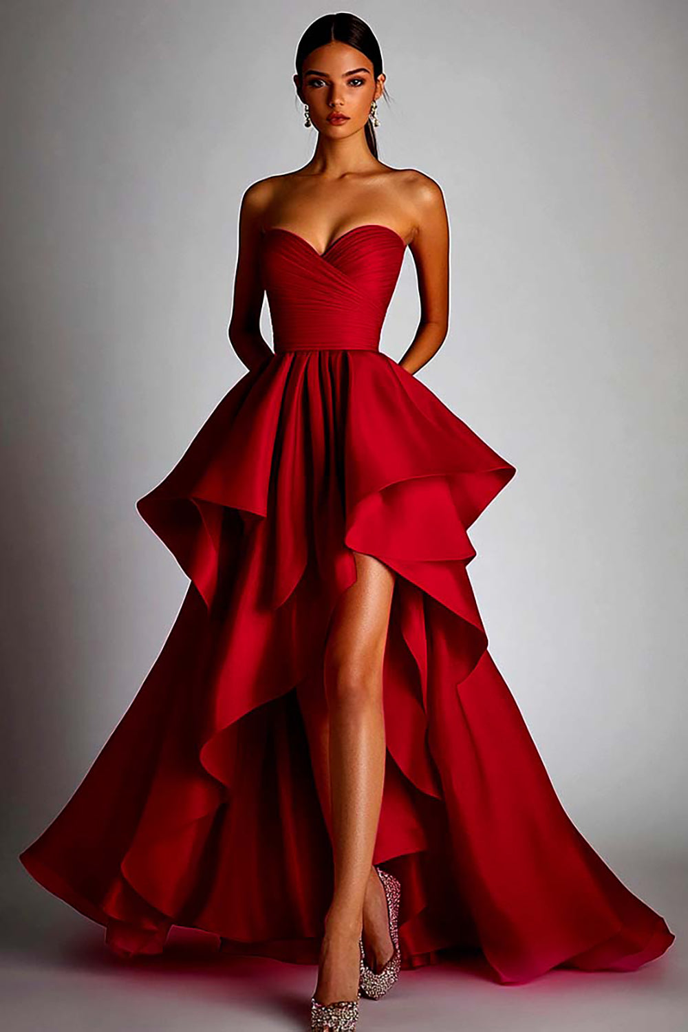 Fuchsia Satin Sweetheart Ball Gown High Low Prom Dress with Ruffles