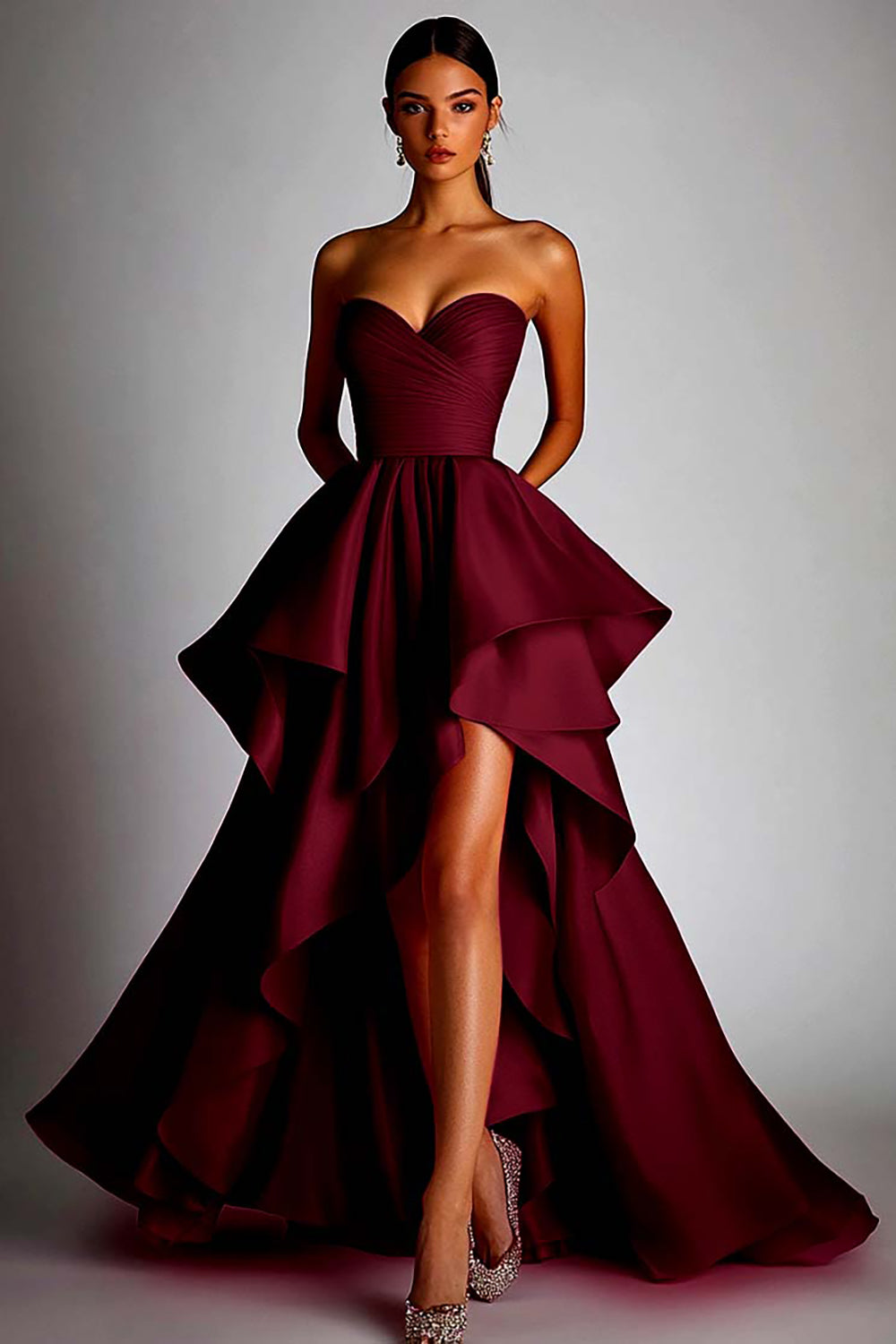 Fuchsia Satin Sweetheart Ball Gown High Low Prom Dress with Ruffles