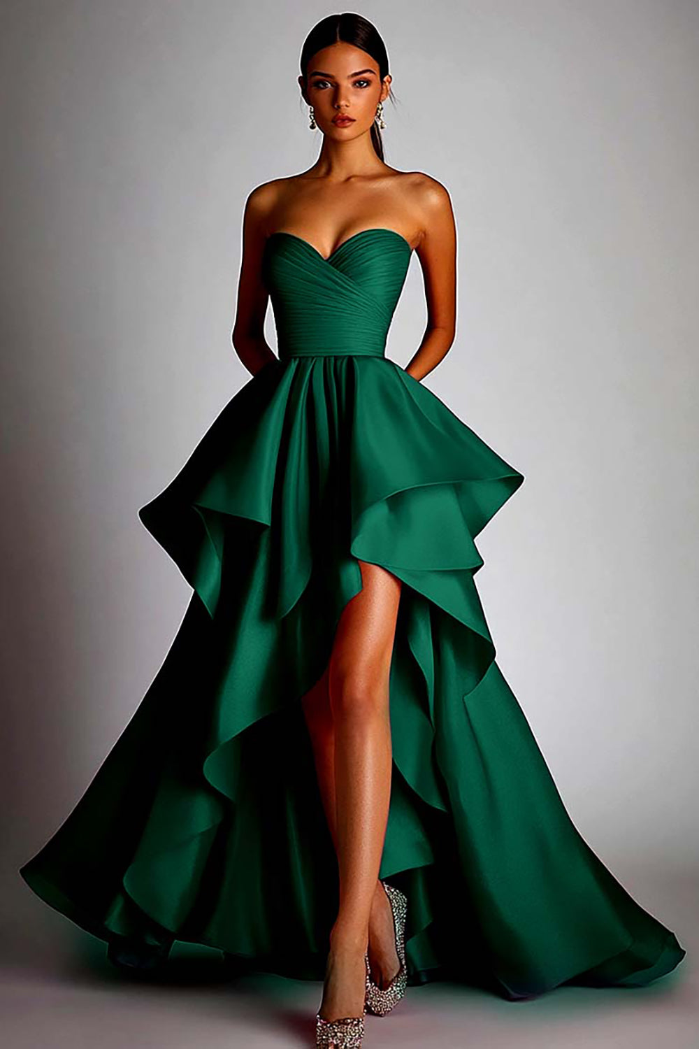 Fuchsia Satin Sweetheart Ball Gown High Low Prom Dress with Ruffles