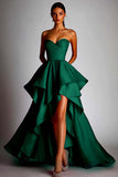 Fuchsia Satin Sweetheart Ball Gown High Low Prom Dress with Ruffles