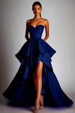 Fuchsia Satin Sweetheart Ball Gown High Low Prom Dress with Ruffles