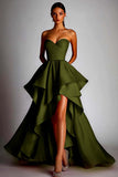 Fuchsia Satin Sweetheart Ball Gown High Low Prom Dress with Ruffles