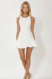 White Satin Short A Line Round Neck Graduation Dress with Ruffles
