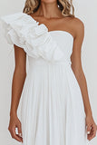 White Chiffon A Line One Shoulder Engagement Dress with Ruffles
