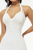 A Line White Satin Short Halter Graduation Dress with Ruffles