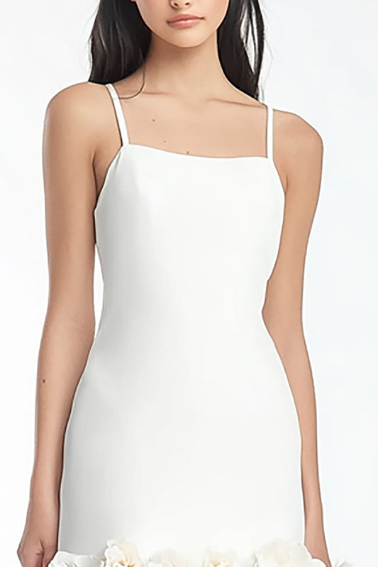 White Satin Floral Spaghetti Straps Short Bodycon Graduation Dress