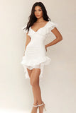 White Asymmetrical V Neck Short Graduation Dress with Ruffles