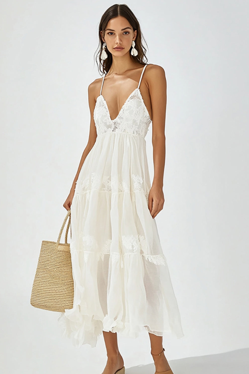 White V Neck A Line Boho Maxi Dress with Ruffles