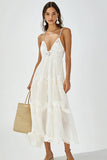 White V Neck A Line Boho Maxi Dress with Ruffles