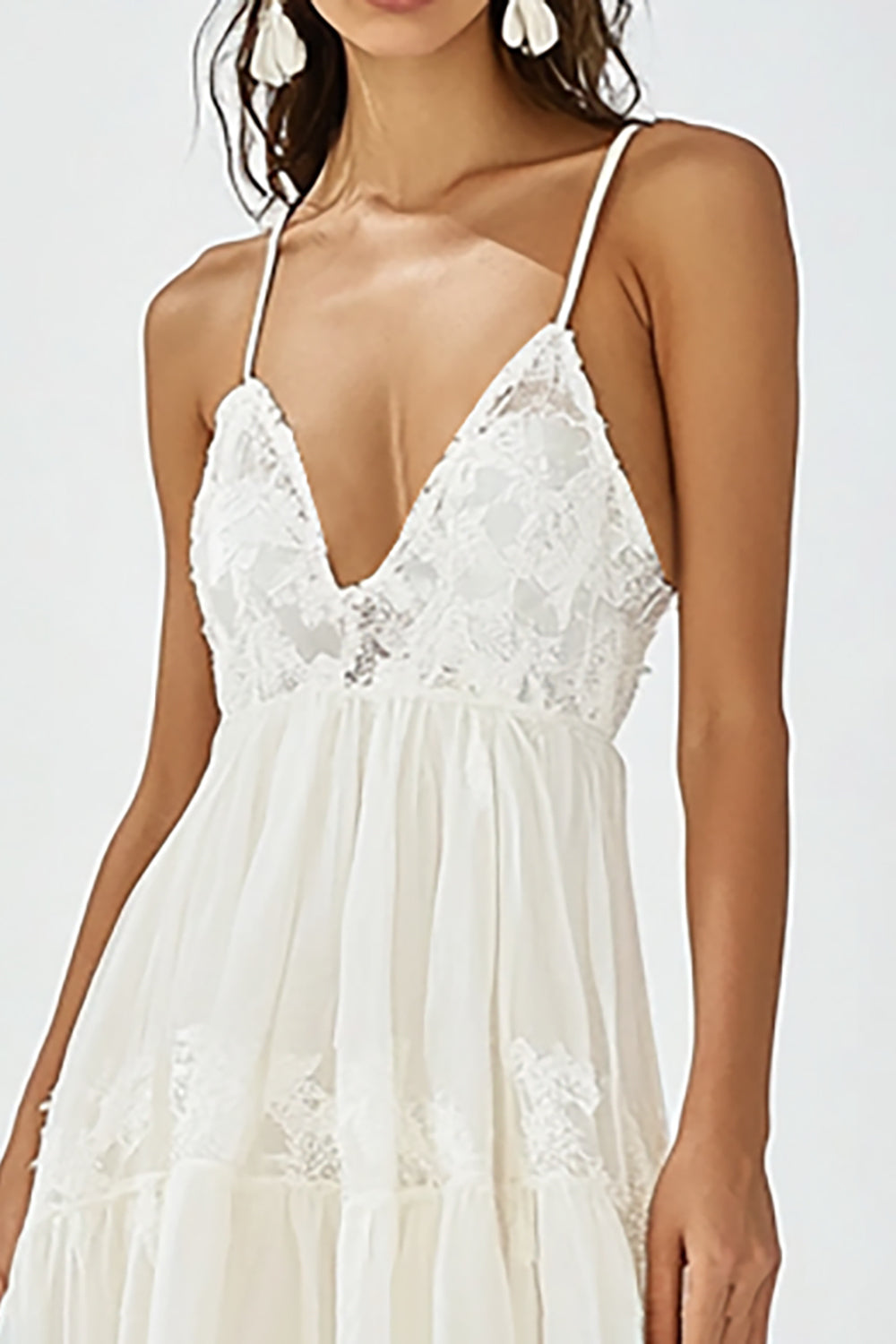 White V Neck A Line Boho Maxi Dress with Ruffles