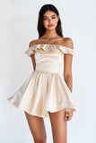 Champagne Satin A Line Short Square Neck Graduation Dress with Ruffles