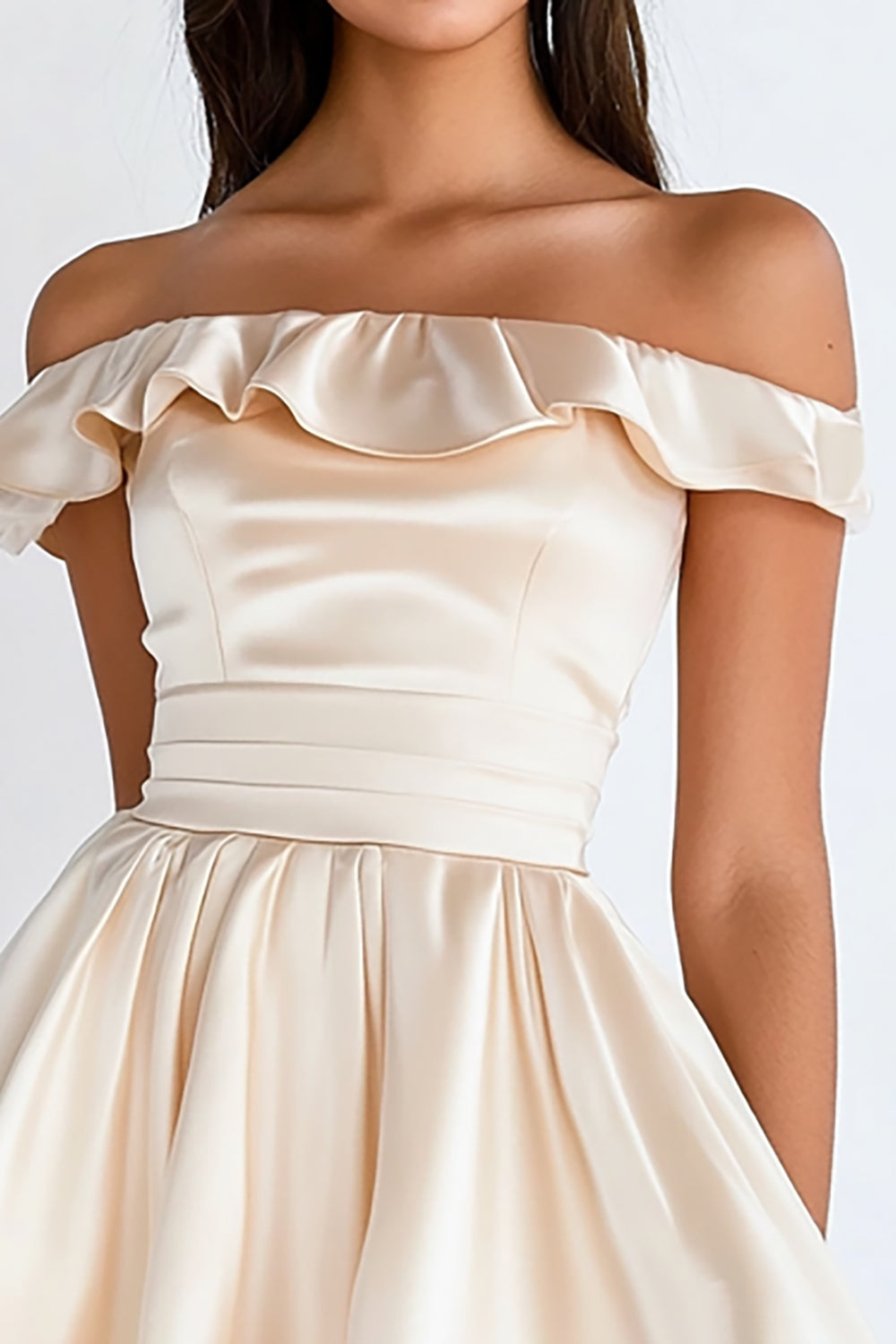 Champagne Satin A Line Short Square Neck Graduation Dress with Ruffles