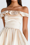 Champagne Satin A Line Short Square Neck Graduation Dress with Ruffles
