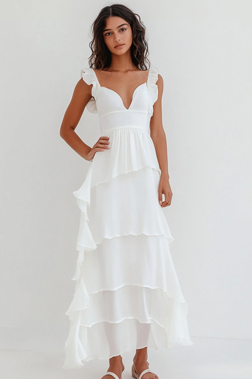 White Chiffon V Neck Long A Line Engagement Dress with Ruffles