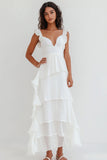 White Chiffon V Neck Long A Line Engagement Dress with Ruffles