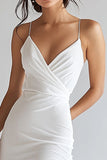 White Chiffon V Neck Asymmetrical Graduation Dress with Lace