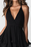Black A Line V-Neck Asymmetrical Chiffon Cocktail Dress with Ruffles