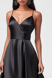 Black Satin V-Neck Asymmetrical Long A Line Formal Dress