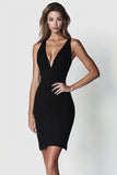 Black Satin V-Neck Sleeveless Short Bodycon Cocktail Dress
