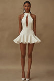 White Satin High Neck A Line Mini Graduation Dress with Ruffles