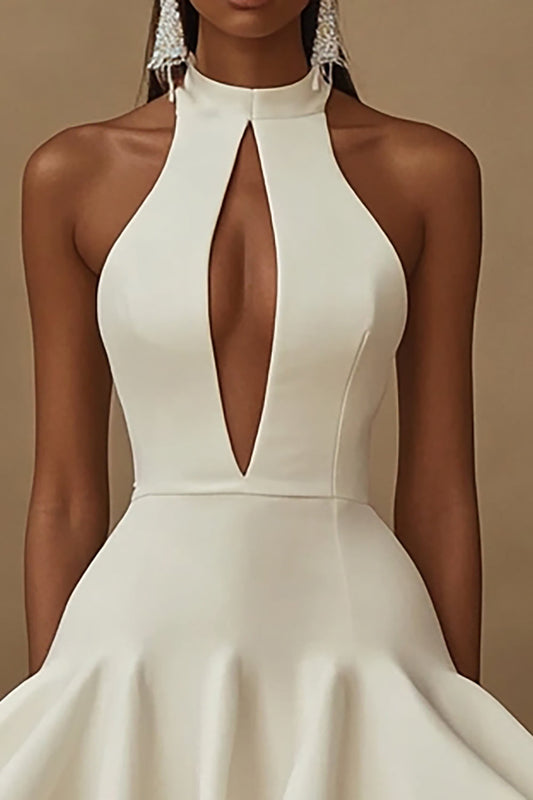 White Satin High Neck A Line Mini Graduation Dress with Ruffles