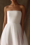 White Tulle Square Neck High-Low Engagement Dress with Pleats