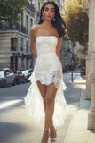 White Lace Square Neck High-Low Boho Graduation Dress