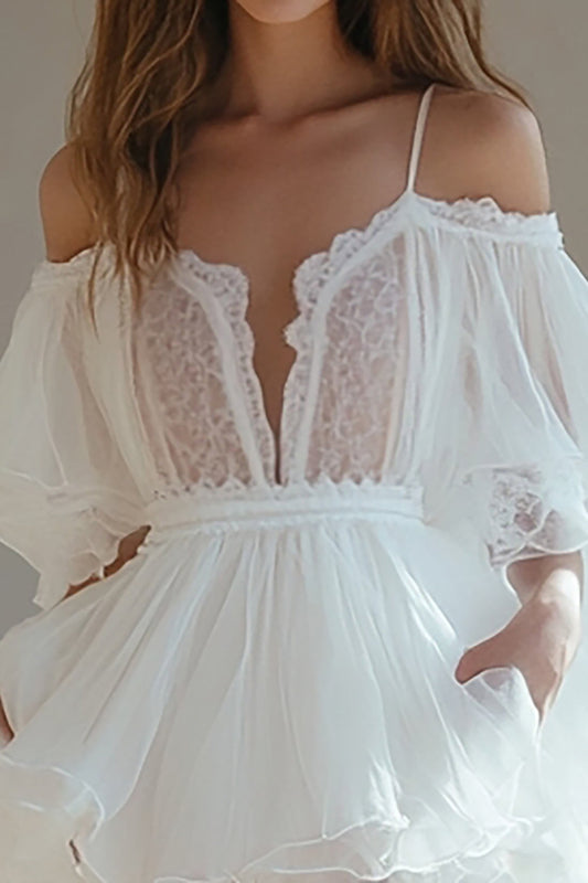 White Cold Shoulder Short A Line Graduation Dress with Ruffles