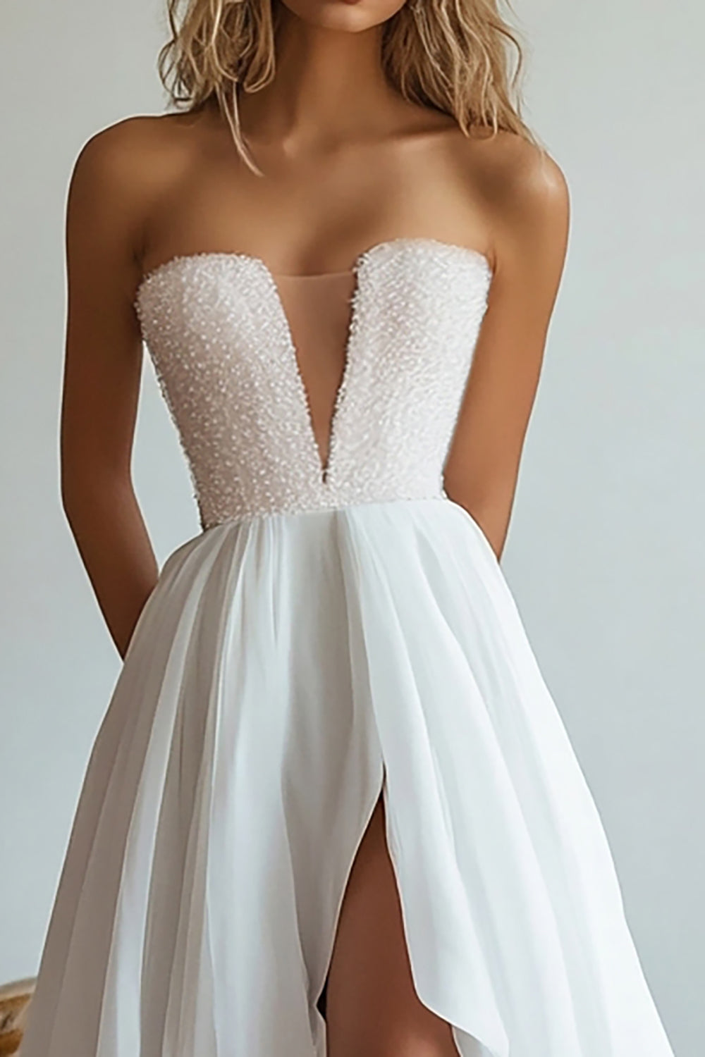 White V Neck A Line High-Low Engagement Dress with Beading