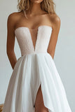 White V Neck A Line High-Low Engagement Dress with Beading