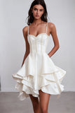 White A Line Satin Spaghetti Straps Short Graduation Dress with Ruffles