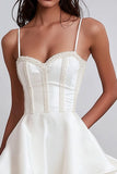 White A Line Satin Spaghetti Straps Short Graduation Dress with Ruffles