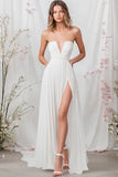 White Chiffon Strapless Long A Line Engagement Dress with Slit