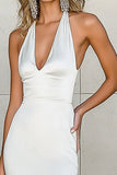White Satin Halter Neck Long Mermaid Engagement Dress