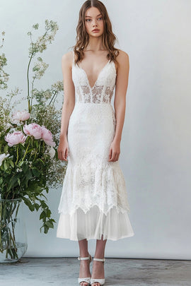 White Lace Deep V-Neck Long Mermaid Engagement Dress