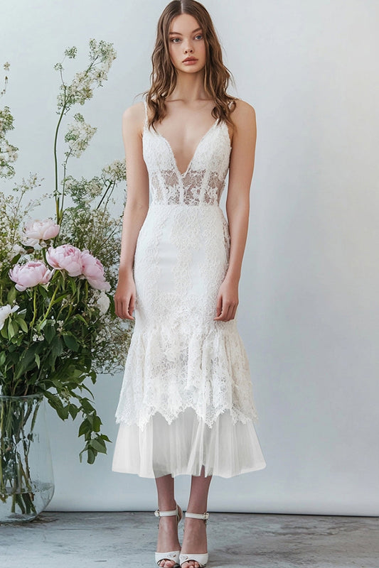 White Lace Deep V-Neck Long Mermaid Engagement Dress