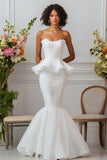 White Satin Mermaid Strapless Long Engagement Dress with Ruffles