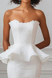 White Satin Mermaid Strapless Long Engagement Dress with Ruffles