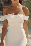 White Satin Sweetheart Long Mermaid Engagement Dress with Ruffles